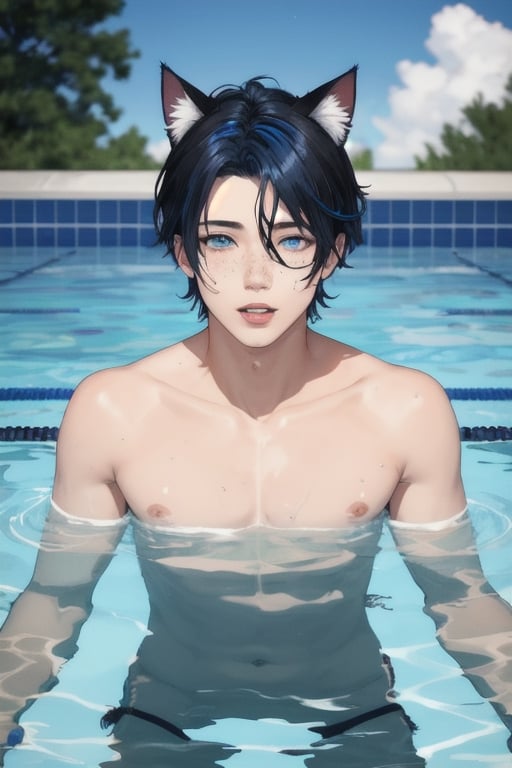 masterpiece, best quality, solo, animal ears, blue eyes,colored sclera, black hair, cat ears, multicolored hair, freckles,1boy,  two-tone hair, blue hair, male focus, lips, short hair, black sclera, topless, gay_sex, uncensored, male_only,speedo, in black water, gaint t vertex, caught in vertex drowning, vertex sucking boy down, dark stormy sky, vertex, maelstroms, only head above water, spinning water, rough water, reaching for help, panic, swimming_pool ,under water bottom of pool