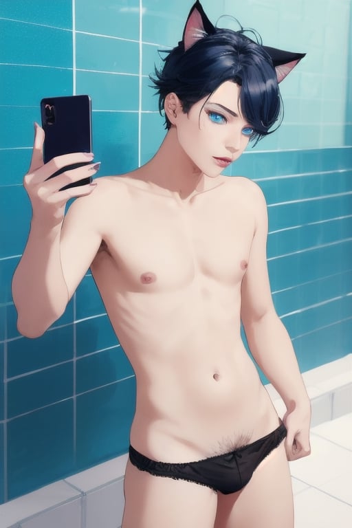 ((masterpiece)), best quality, animal ears, blue eyes,colored sclera, black hair, cat ears, multicolored hair, freckles,1boys,  two-tone hair, blue hair, male focus, lips, short hair, black sclera, topless, gay_sex, full_body, uncensored, male_only, cute twink boy standing in the public bath room wearing pink panties and stockings, boy with small dick in the panties, small penis bulge, feminine body, feminine boy, submissive, taking selfie, body with small dick,  boy with wide hips, big ass, perfection model, perfect body, perfect cock, complex_background, detailed face, detailed hands,High detailed, realhands, urinals, public_indecency