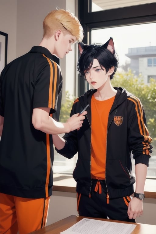 1boy,boy age 18,masterpiece, best quality, boy animal ears, boy blue eyes,boy colored sclera, boy black hair, cat ears, boy multicolored hair, boy freckles, boy two-tone hair, boy blue hair, male focus, lips, boy short hair, boy black sclera, boy in orange jump suit,signing papers at counter, mom with boy, bed room, orange jacket, orange pants,