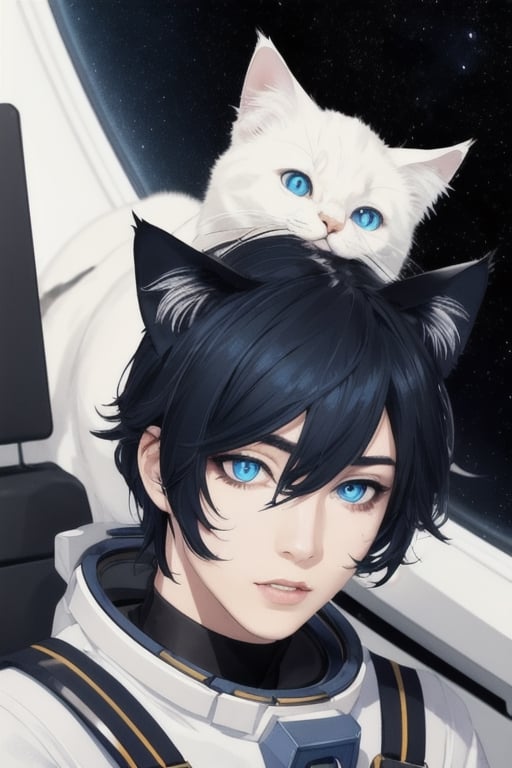 masterpiece, best quality, solo, animal ears, blue eyes,colored sclera, black hair, cat ears, multicolored hair, freckles,1boy,  two-tone hair, blue hair, male focus, lips, short hair, black sclera, full_body, uncensored, male_only, USSE Starfleet Engineer uniform, white uniform,on space ship bridge,
