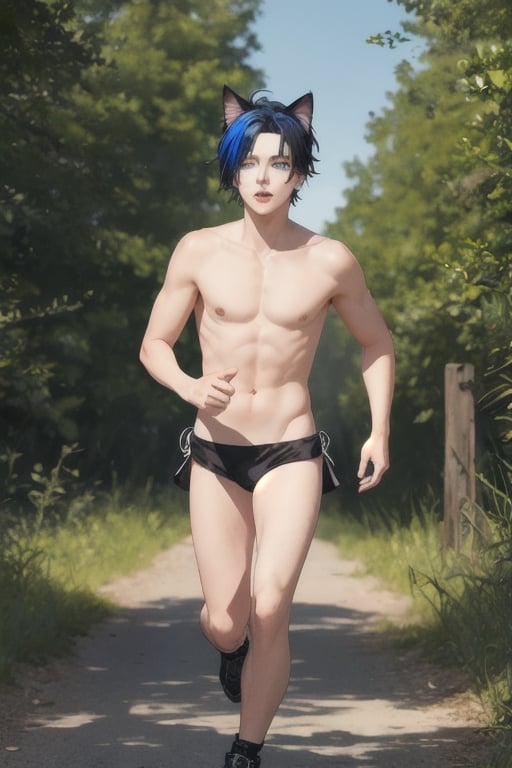 masterpiece, best quality,1boy, animal ears, blue eyes,colored sclera, black hair, cat ears, multicolored hair, freckles,1boys,  two-tone hair, blue hair, male focus, lips, short hair, black sclera, gay_sex, full_body, uncensored, male_only, afraid, running out of forest, nude,running, running away down path, almost_naked