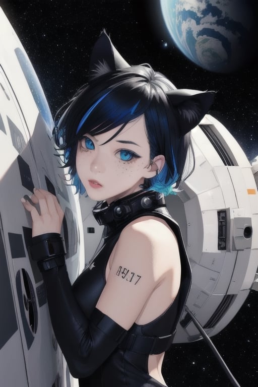 masterpiece, best quality, solo, animal ears, blue eyes,colored sclera, black hair, cat ears, multicolored hair, freckles,1boy,  two-tone hair, blue hair, male focus, lips, short hair, black sclera, full_body, uncensored, male_only, wearing vivid dark black and white space suit, helmet, tined face shield,Rear Angle, outer_space, spack walk , outside alien spaceship