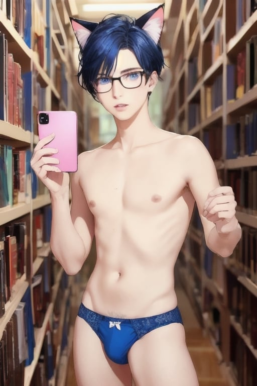 ((masterpiece)), best quality, animal ears, blue eyes,colored sclera, black hair, cat ears, multicolored hair, freckles,1boys,  two-tone hair, blue hair, male focus, lips, short hair, black sclera, topless, gay_sex, full_body, uncensored, male_only, cute twink boy standing in the library wearing pink panties and stockings, boy with small dick in the panties, small penis bulge, feminine body, feminine boy, submissive, taking selfie, body with small dick,  boy with wide hips, big ass, perfection model, perfect body, perfect cock, complex_background, detailed face, detailed hands,High detailed, realhands, glasses