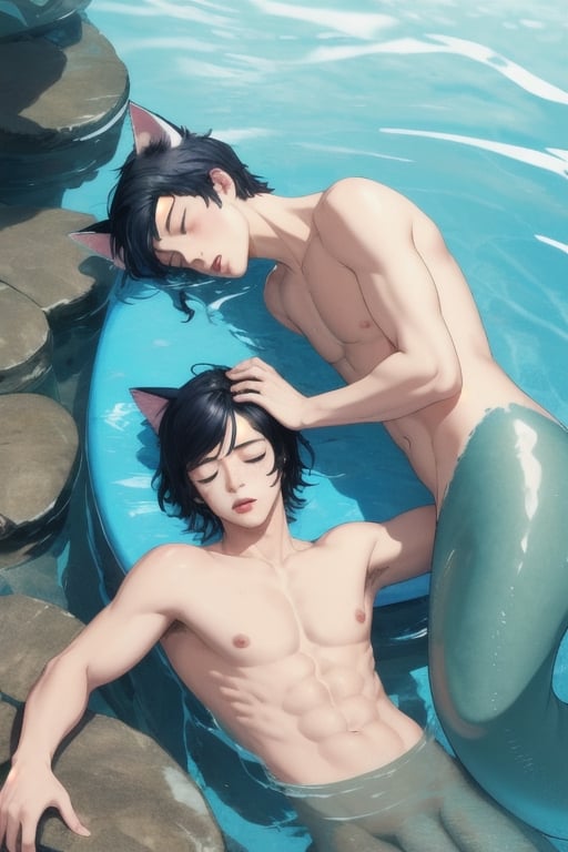 masterpiece, best quality, solo, animal ears, blue eyes,colored sclera, black hair, cat ears, multicolored hair, freckles,1boy,  two-tone hair, blue hair, male focus, lips, short hair, black sclera, topless, gay_sex, full_body, uncensored, male_only, nude, tiny circumcised_penis,nude,wading,underwater, air bubble, merman, mermaid body, eyes closed,pool bottom, man kissing sleeping boy
