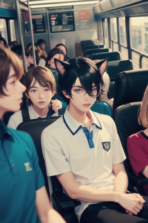1boy ,masterpiece, best quality, animal ears, blue eyes,colored sclera, black hair, cat ears, multicolored hair, freckles, two-tone hair, blue hair, male focus, lips, short hair, black sclera, sitting on bus. crowded bus. wearing polo shirt, khaki pants, suitcase,school log on shirt, crowd, people on bus