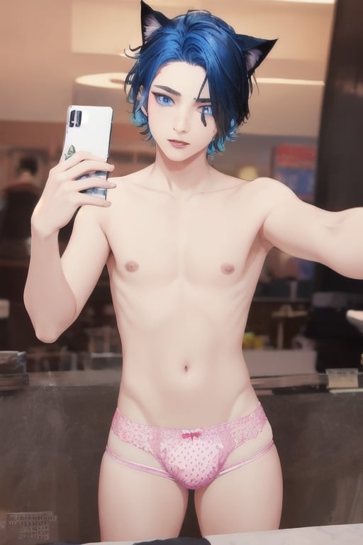 ((masterpiece)), best quality, animal ears, blue eyes,colored sclera, black hair, cat ears, multicolored hair, freckles,1boys,  two-tone hair, blue hair, male focus, lips, short hair, black sclera, topless, gay_sex, full_body, uncensored, male_only, cute twink boy standing in the burger king wearing pink panties and stockings, boy with small dick in the panties, small penis bulge, feminine body, feminine boy, submissive, taking selfie, body with small dick,  boy with wide hips, big ass, perfection model, perfect body, perfect cock, complex_background, detailed face, detailed hands,High detailed, realhands, crowd