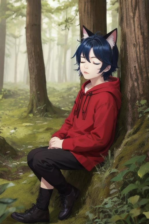 masterpiece, best quality, solo, animal ears, blue eyes,colored sclera, black hair, cat ears, multicolored hair, freckles,1boy, two-tone hair, blue hair, male focus, lips, short hair, black sclera,dressed like little red ridding hood,  in forest, short red skirt, sitting on rock, , wild_mushroom, a sleep on ground, eyes closed
