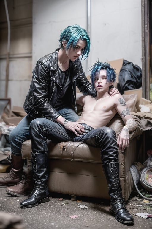 masterpiece, best quality, animal ears, blue eyes,colored sclera, black hair, cat ears, multicolored hair, freckles,1boys,  two-tone hair, blue hair, male focus, lips, short hair, black sclera, topless, gay_sex, full_body, uncensored, male_only,topless,nude, ultra Realistic, 80’s UK back street, Dirty, garbage-filled backstreets.devastated street, Junk yard street, ANARCHY In the UK, Dirty Rotten Imbeciles, Straight Edge, Chaos UK, (hardcore Punk fashion),  jokey And playful expression, Septum Piercing, more Coal, Ratty dreads, More patchs, Crust core,anti union flag design, dirty torn studded leather jacket, hardcore Punk Style jacket, lot Punk badge, check inner shirt, panties, dirty long torn leather boots, yellowed clothes, {chain storm}, stained clothes, dirty torn leather jacket, multi color spike hair, photo r3al,old man handing boy money
