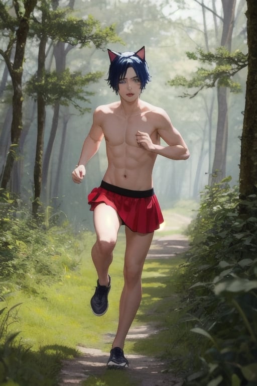 masterpiece, best quality,1boy, animal ears, blue eyes,colored sclera, black hair, cat ears, multicolored hair, freckles,1boys,  two-tone hair, blue hair, male focus, lips, short hair, black sclera, gay_sex, full_body, uncensored, male_only, running out of forest, nude,running, running away down path, red thong,bare_foot, red mini skirt, barefeet