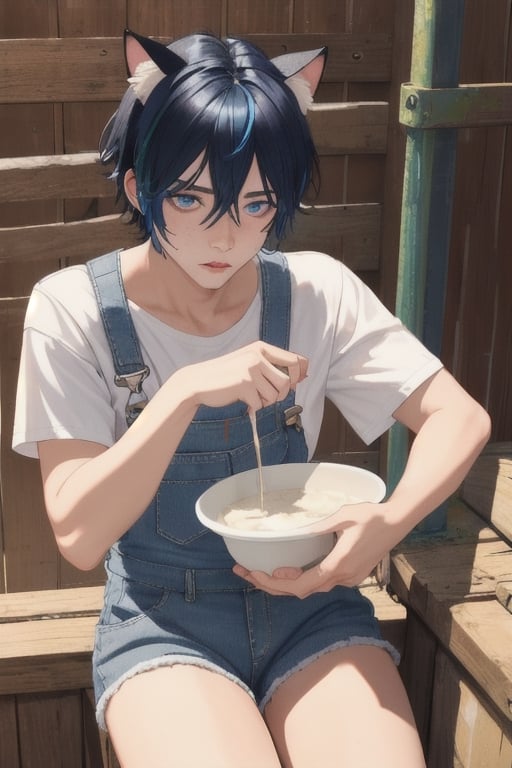 masterpiece, best quality, animal ears, blue eyes,colored sclera, black hair, cat ears, multicolored hair, freckles,1boy,  two-tone hair, blue hair, male focus, lips, short hair, black sclera, wearing overalls shorts, topless, cowboy boots, sitting_down on stool, cow, cow in stall, milking_machine, milking cow , hands on cow utters, cow being milked