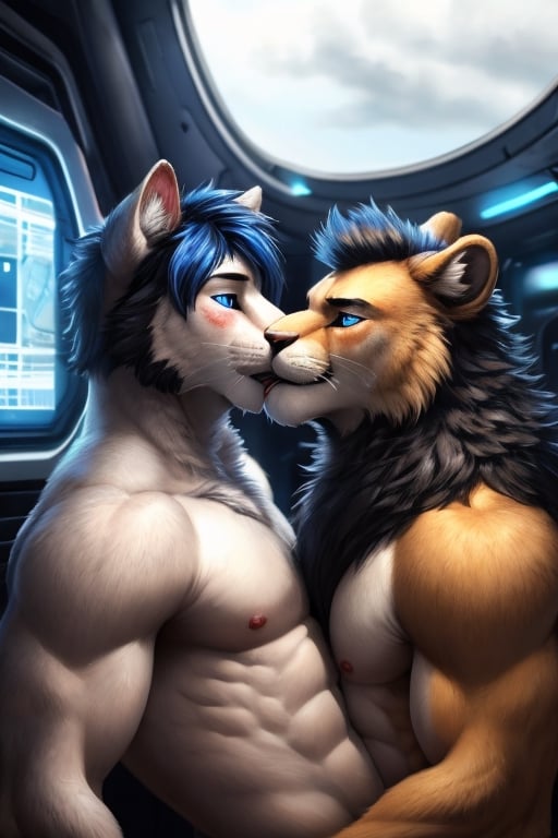 full body, anhtro, male, male_focus, lion (blue-eyes, young, 20 years old, black_fur ,sheath, balls), muscle, veny muscle, smile, blush, male_nipples,  hyper realistic fur, natural fur, detailed fur, inner ear fluff, neck tuft, chest tuft, hindpaw,realistic fur ,fluffy, realistic, photorealistic, every detail of this beautiful, insanely detailed, detailed background, insanely detailed, perfect composition, beautiful, detailed intricate, ultra realistic, 4k, 8k, masterpiece, best quality, animal ears, blue eyes,colored sclera, black hair, cat ears, multicolored hair, freckles,1boy,  two-tone hair, blue hair, male focus, lips, short hair, black sclera, full_body, uncensored, male_only,homoerotic,  science fiction, scenery,spaceship background, 1man,2boy,man kissing boy,sucking_cock