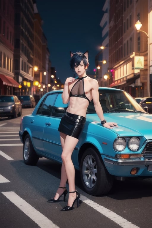 1boy and1man,masterpiece, best quality, animal ears, blue eyes,colored sclera, black hair, cat ears, multicolored hair, freckles, two-tone hair, blue hair, male focus, lips, short hair, black sclera,fishnet,thong, night_sky,  night, dark ,on street corner, street light, highheels, miniskirt, tube_top, halter_top, leaning into car window, prositute