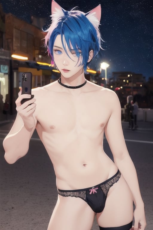 ((masterpiece)), best quality, animal ears, blue eyes,colored sclera, black hair, cat ears, multicolored hair, freckles,1boys,  two-tone hair, blue hair, male focus, lips, short hair, black sclera, topless, gay_sex, full_body, uncensored, male_only, cute twink boy standing in the park wearing pink panties and stockings, boy with small dick in the panties, small penis bulge, feminine body, feminine boy, submissive, taking selfie, body with small dick,  boy with wide hips, big ass, perfection model, perfect body, perfect cock, complex_background, detailed face, detailed hands,High detailed, realhands, dark night, night_sky, play ground,  homeless man sleeping on bend