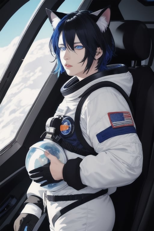 masterpiece, best quality, solo, animal ears, blue eyes,colored sclera, black hair, cat ears, multicolored hair, freckles,1boy,  two-tone hair, blue hair, male focus, lips, short hair, black sclera, full_body, uncensored, male_only, wearing vivid dark black and white space suit, helmet, tined face shield,Rear Angle, outer_space, entering  alien spaceship