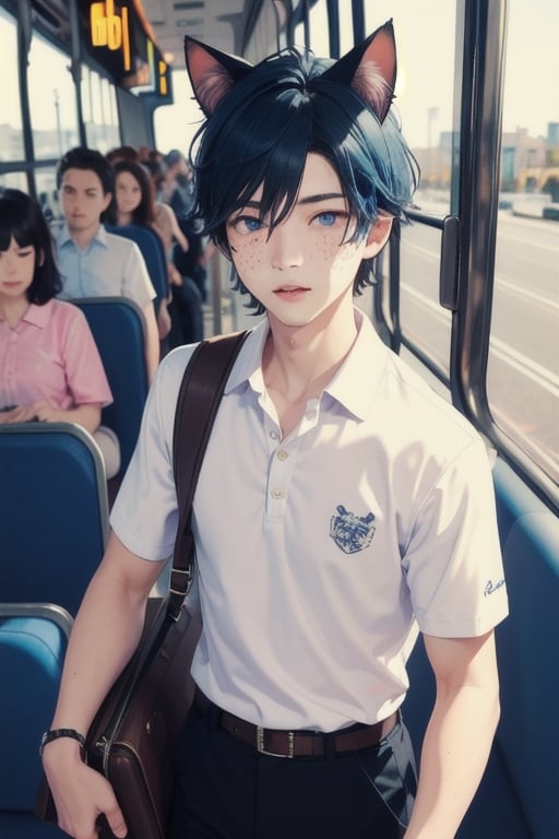 1boy ,masterpiece, best quality, animal ears, blue eyes,colored sclera, black hair, cat ears, multicolored hair, freckles, two-tone hair, blue hair, male focus, lips, short hair, black sclera,crowded bus. wearing white polo shirt, khaki pants, suitcase,school log on shirt, crowd, people on bus, exitting bus, big city