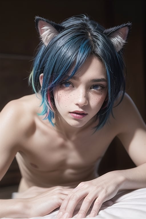 masterpiece, best quality, animal ears, blue eyes,colored sclera, black hair, cat ears, multicolored hair, freckles,1boys,  two-tone hair, blue hair, male focus, lips, short hair, black sclera, topless, gay_sex, full_body, uncensored, male_only,topless,nude, ultra Realistic, 80’s hotel room, Dirty, garbage-filled hotel room,  Dirty Rotten Imbeciles, Straight Edge, Chaos UK, (hardcore Punk fashion),  jokey And playful expression, Septum Piercing, more Coal, Ratty dreads, Crust core,anti union flag design, {chain storm}, stained clothes, spike hair, photo r3al,  old man laying in bed