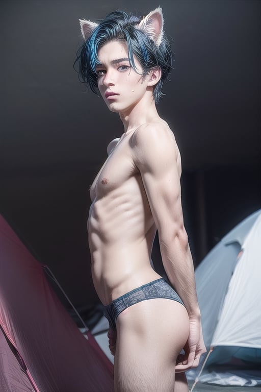 ((masterpiece)), best quality, animal ears, blue eyes,colored sclera, black hair, cat ears, multicolored hair, freckles,1man, 18yr man, two-tone hair, blue hair, male focus, lips, short hair, black sclera, topless, gay_sex, full_body, uncensored, male_only, cute twink man, small penis bulge, feminine body, feminine man,  body with small dick,  man with wide hips, big ass, perfection model, perfect, detailed face, detailed hands,High detailed, realhands,submissive, ,male breast, male focus, fur panties,camping in tent 