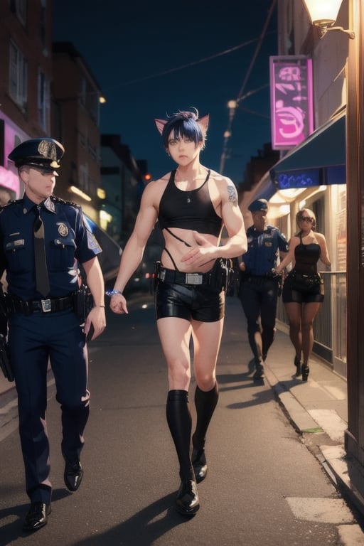 1boy and1man,masterpiece, best quality, animal ears, blue eyes,colored sclera, black hair, cat ears, multicolored hair, freckles, two-tone hair, blue hair, male focus, lips, short hair, black sclera,fishnet,thong, night_sky,  night, dark,  highheels, miniskirt, tube_top, halter_top, prositute, male breast, public_indecency,public 1police_officer, police_officer arresting boy, police car, flashing lights, 