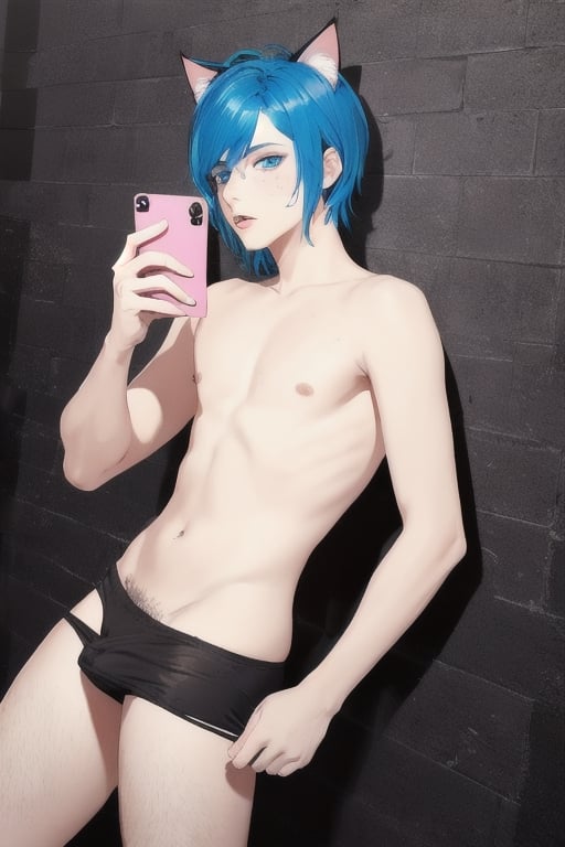 ((masterpiece)), best quality, animal ears, blue eyes,colored sclera, black hair, cat ears, multicolored hair, freckles,1boys,  two-tone hair, blue hair, male focus, lips, short hair, black sclera, topless, gay_sex, full_body, uncensored, male_only, cute twink boy standing in the gloryhole wearing pink panties and stockings, boy with small dick in the panties, small penis bulge, feminine body, feminine boy, submissive, taking selfie, body with small dick,  boy with wide hips, big ass, perfection model, perfect body, perfect cock, complex_background, detailed face, detailed hands,High detailed, realhands, holding_cellphone, 3men,surrounded by naked fat old men, kissing old man, black walls, hole in wall, giant penis coming out of hole in wal,  gay_sex, on knees
