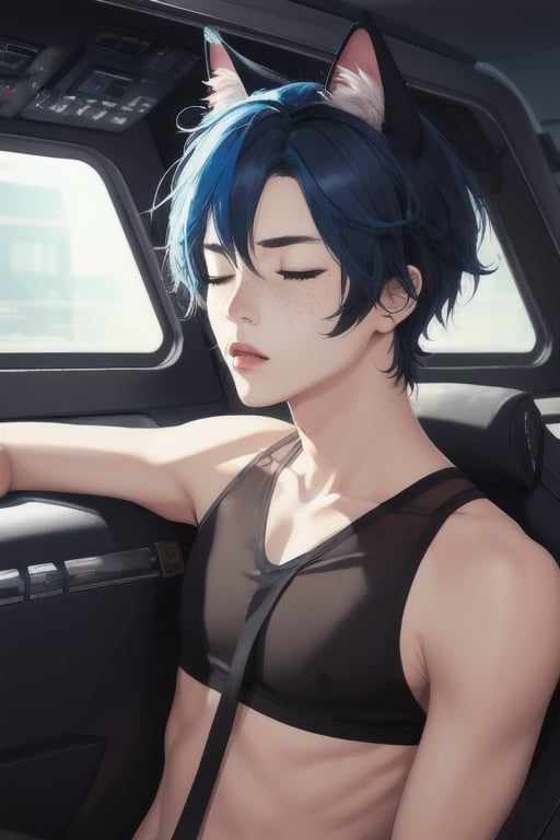 masterpiece, best quality, solo, animal ears, blue eyes,colored sclera, black hair, cat ears, multicolored hair, freckles,1boy,  two-tone hair, blue hair, male focus, lips, short hair, black sclera, full_body, uncensored, male_only,homoerotic,  science fiction, scenery,spaceship background, in crews quaters, furniture spaceship bed, laying in spaceship bed, topless, thong , eyes closed