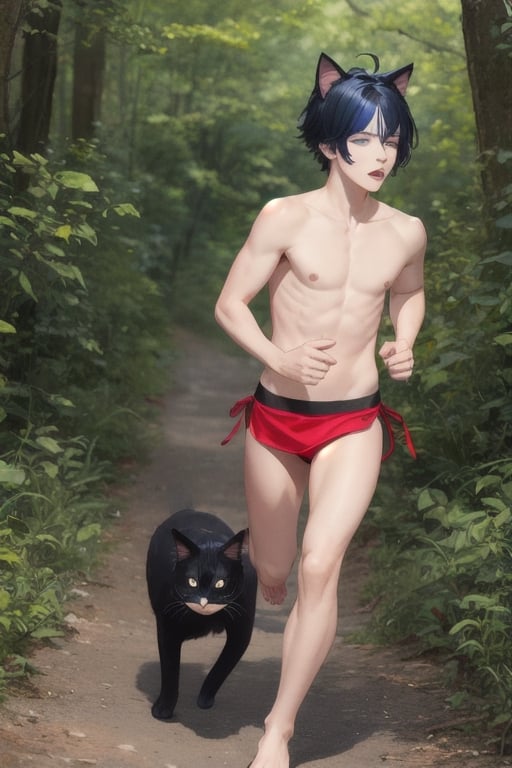 masterpiece, best quality,1boy, animal ears, blue eyes,colored sclera, black hair, cat ears, multicolored hair, freckles,1boys,  two-tone hair, blue hair, male focus, lips, short hair, black sclera, gay_sex, full_body, uncensored, male_only, running out of forest, nude,running, running away down path, red thong,bare_foot, red mini skirt, barefeet