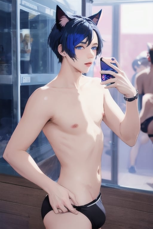 ((masterpiece)), best quality, animal ears, blue eyes,colored sclera, black hair, cat ears, multicolored hair, freckles,1boys,  two-tone hair, blue hair, male focus, lips, short hair, black sclera, topless, gay_sex, full_body, uncensored, male_only, cute twink boy standing in the aquarium wearing pink panties, boy with small dick in the panties, small penis bulge, feminine body, feminine boy, submissive, taking selfie, body with small dick,  boy with wide hips, big ass, perfection model, perfect body, perfect cock, complex_background, detailed face, detailed hands,High detailed, realhands, kissing,holding_cellphone,nude,  (many onlookers looking at boy), infront of fish, wearing cclam shell bikini