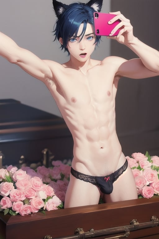 ((masterpiece)), best quality, animal ears, blue eyes,colored sclera, black hair, cat ears, multicolored hair, freckles,1boys,  two-tone hair, blue hair, male focus, lips, short hair, black sclera, topless, gay_sex, full_body, uncensored, male_only, cute twink boy standing in the cemetery wearing pink panties, boy with small dick in the panties, small penis bulge, feminine body, feminine boy, submissive, taking selfie, body with small dick,  boy with wide hips, big ass, perfection model, perfect body, perfect cock, complex_background, detailed face, detailed hands,High detailed, realhands, kissing,holding_cellphone,nude,  (many onlookers), casket, open casket, dead body ind casket ,flowers, ghost_girl