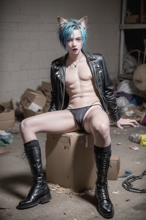 masterpiece, best quality, animal ears, blue eyes,colored sclera, black hair, cat ears, multicolored hair, freckles,1boys,  two-tone hair, blue hair, male focus, lips, short hair, black sclera, topless, gay_sex, full_body, uncensored, male_only,topless,nude, ultra Realistic, 80’s UK back street, Dirty, garbage-filled backstreets.devastated street, Junk yard street, ANARCHY In the UK, Dirty Rotten Imbeciles, Straight Edge, Chaos UK, (hardcore Punk fashion),  jokey And playful expression, Septum Piercing, more Coal, Ratty dreads, More patchs, Crust core,anti union flag design, dirty torn studded leather jacket, hardcore Punk Style jacket, lot Punk badge, check inner shirt, panties, dirty long torn leather boots, yellowed clothes, {chain storm}, stained clothes, dirty torn leather jacket, multi color spike hair, photo r3al,old sittting , crying into  hands, thong_panties
