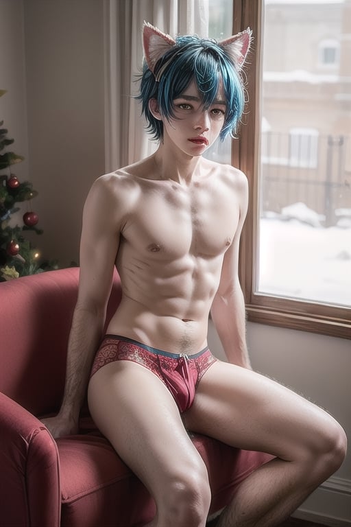 ((masterpiece)), best quality, animal ears, blue eyes,colored sclera, black hair, cat ears, multicolored hair, freckles,1man, 18yr man, two-tone hair, blue hair, male focus, lips, short hair, black sclera, topless, gay_sex, full_body, uncensored, male_only, cute twink man, man with small dick in the red panties, small penis bulge, feminine body, feminine man,  body with small dick,  man with wide hips, big ass, perfection model, perfect body, perfect cock,  detailed face, circumcised_penis, detailed hands,High detailed, realhands,submissive, red panties,1man, old man with white beard ,(santa claus) sitting on chair, sitting on santa claus lap, christmas, snow, santa_costume,boy sitting on old mans lap