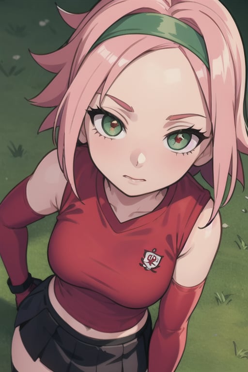 masterpiece, best-quality, photorealistic, 1girl, sakura haruno, hairband, short hair, (pink hair:1.2), (small breast:1.2), bare shoulders, (gloves:1.2), forehead protector,  konohagakure symbol, ninja, (red shirt:2), shirt, (black short skirt:1.5), (jade green eyes:1.2), (tight shorts:1.2), sleeveless shirt, from above, detailed face, detailed eyes, fine detailed, dslr