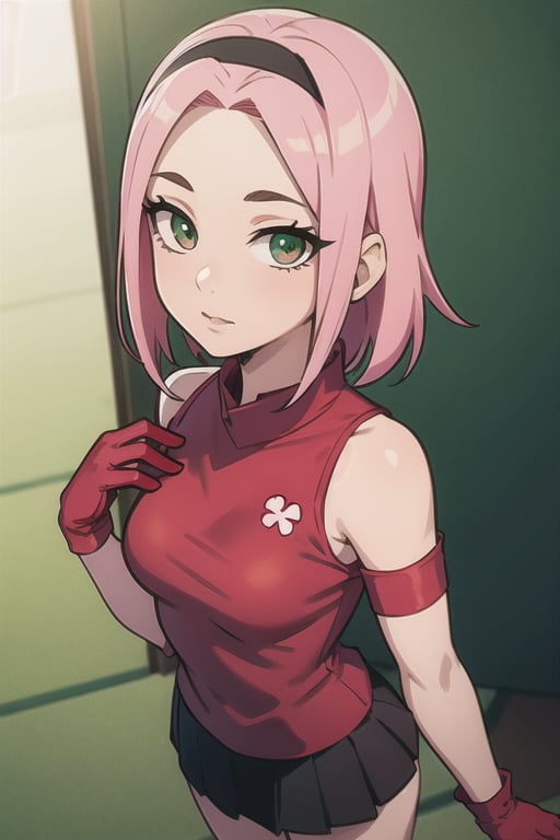 masterpiece, best-quality, photorealistic, 1girl, sakura haruno, hairband, short hair, (pink hair:1.2), (small breast:1.2), bare shoulders, (gloves:1.2), forehead protector,  konohagakure symbol, ninja, (red shirt:2), shirt, (black short skirt:1.5), (jade green eyes:1.2), (tight shorts:1.2), sleeveless shirt, from above, detailed face, detailed eyes, fine detailed, dslr