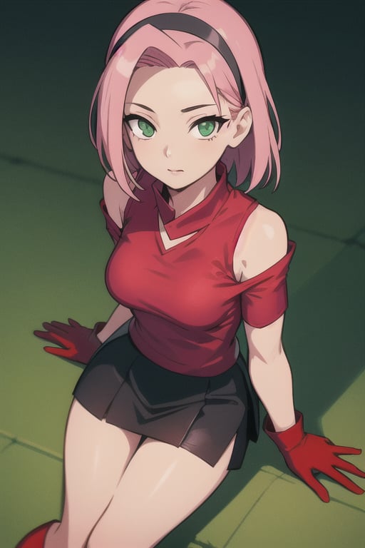 masterpiece, best-quality, photorealistic, 1girl, sakura haruno, hairband, short hair, (pink hair:1.2), (small breast:1.2), bare shoulders, (gloves:1.2), forehead protector,  konohagakure symbol, ninja, (red shirt:2), shirt, (black short skirt:1.5), (jade green eyes:1.2), (tight shorts:1.2), sleeveless shirt, from above, detailed face, detailed eyes, fine detailed, dslr, sex