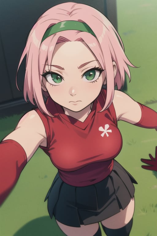 masterpiece, best-quality, photorealistic, 1girl, sakura haruno, hairband, short hair, (pink hair:1.2), (small breast:1.2), bare shoulders, (gloves:1.2), forehead protector,  konohagakure symbol, ninja, (red shirt:2), shirt, (black short skirt:1.5), (jade green eyes:1.2), (tight shorts:1.2), sleeveless shirt, from above, detailed face, detailed eyes, fine detailed, dslr