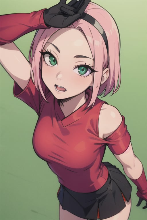 masterpiece, best-quality, photorealistic, 1girl, sakura haruno, hairband, short hair, (pink hair:1.2), (small breast:1.2), bare shoulders, (gloves:1.2), forehead protector,  konohagakure symbol, ninja, (red shirt:2), shirt, (black short skirt:1.5), (jade green eyes:1.2), (tight shorts:1.2), sleeveless shirt, from above, detailed face, detailed eyes, fine detailed, dslr, sex