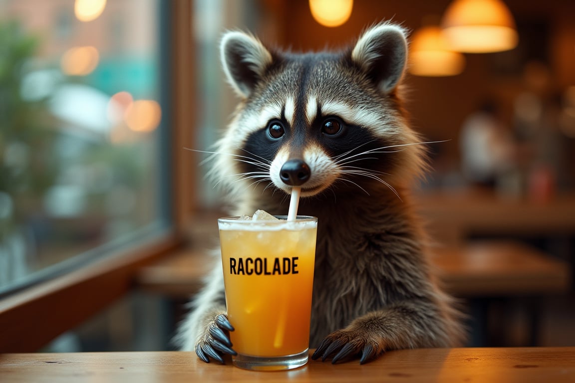 A raccoon in a café sips on drinking straw a drink called "RACOLADE" thats written on the glas, 35mm photograph, film, professional, 4k, highly detailed,
