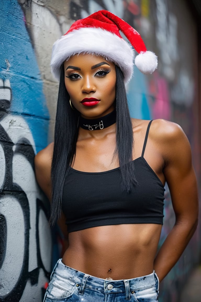 portrait photography, street photography, photo of striking facial features, african woman, wearing crop top, denim shorts, santa hat, black choker, (graffiti:1.6), paint splatter, against wall, paint on body, (christmas light on wall:1.3),  christmas ornaments, expressive female portrait