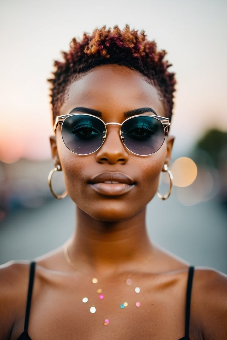 Fashion photography, raw photograph of a beautiful african woman, short hair, top fade, hair tattoo, striking facial features, perfect eyes, blemishes, freckles, sun glasses, natural makeup, ((seductive smile)), BREAK powder background, ((colored smoke on background)), floating confetti, wind, soft lighting, volumetric lighting, shot on Fujifilm XT3, 50mm lens, sharp focus, bokeh, film grain, Fuji color, ((female portrait poses)), (((upper body shot))),Movie Still,Film Still,Cinematic,Cinematic Shot,Cinematic Lighting