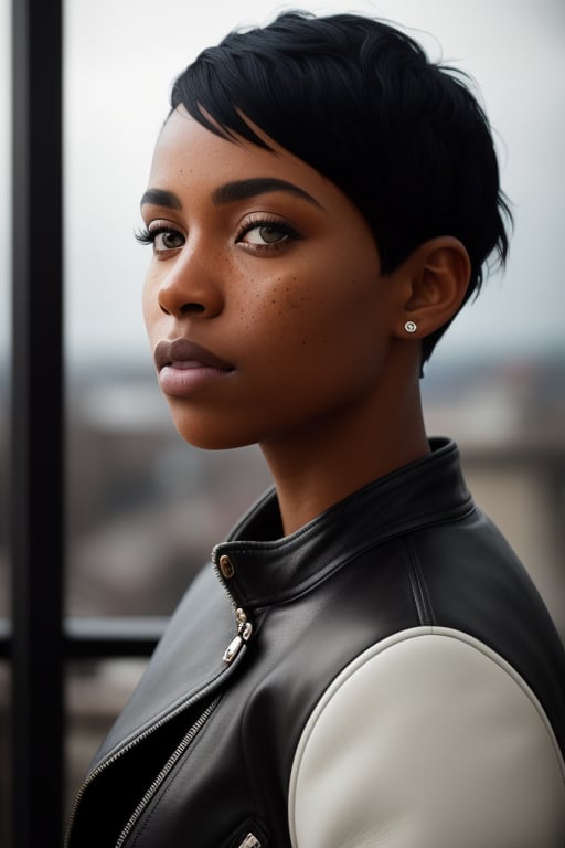 Raw photo, Portrait of dark skinned beautiful African woman, extremely perfect face features, perfect eyes, blue_eyes, freckles, high top fade haircut, (short_hair style:1.5), wearing leather jacket, intricate details, cinematic lighting, volumetric lighting, balcony, outside, looking at view, hasselblad X2D 100C, hasselblad XCD 90mm f/1.9, depth of field, bokeh, film grain, photorealistic, masterpiece, award winning photography, , high contrast, sharp focus, best composition, absurdres, absurd_resolution,Portrait, (monochromatic:1.4),