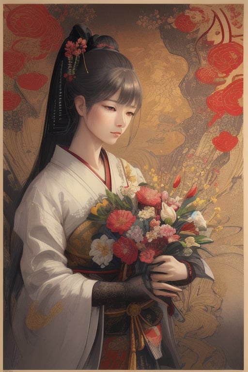samurai, hokusai, ukiyo-e, characterful, illustration. expressive, dark, moody, white silk, fabric, thin, breezy, translucent, nature portrait, character study, masterpiece, shadows, expert, insanely detailed, 4k resolution, intricate detail carne griffiths, camille pissaro, edouard manet, charlie bowater, john william waterhouse, chiaroscuro, flowers, sf, intricate artwork masterpiece, ominous, matte painting movie poster, golden ratio, trending on cgsociety, intricate, epic, trending on artstation, by artgerm, h. r. giger and beksinski, highly detailed, vibrant, production cinematic character render, ultra high quality model