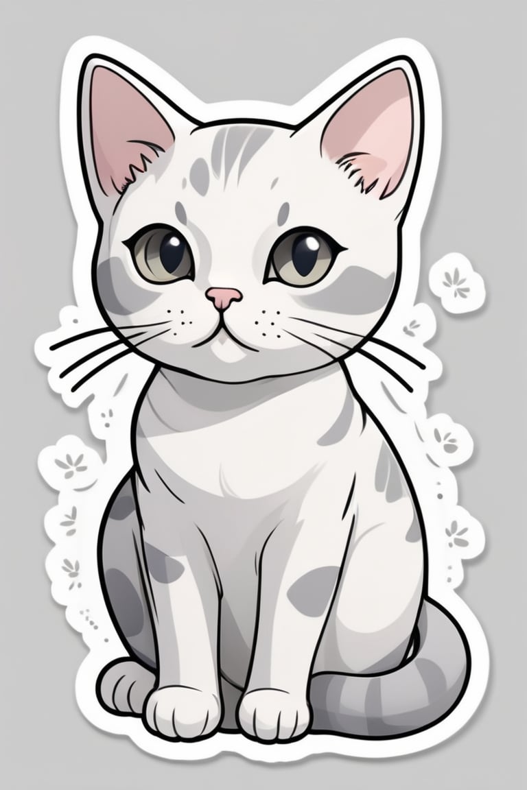 cute cartoon white and Grey English shorthaired cat sticker, , manga style, Minimalism