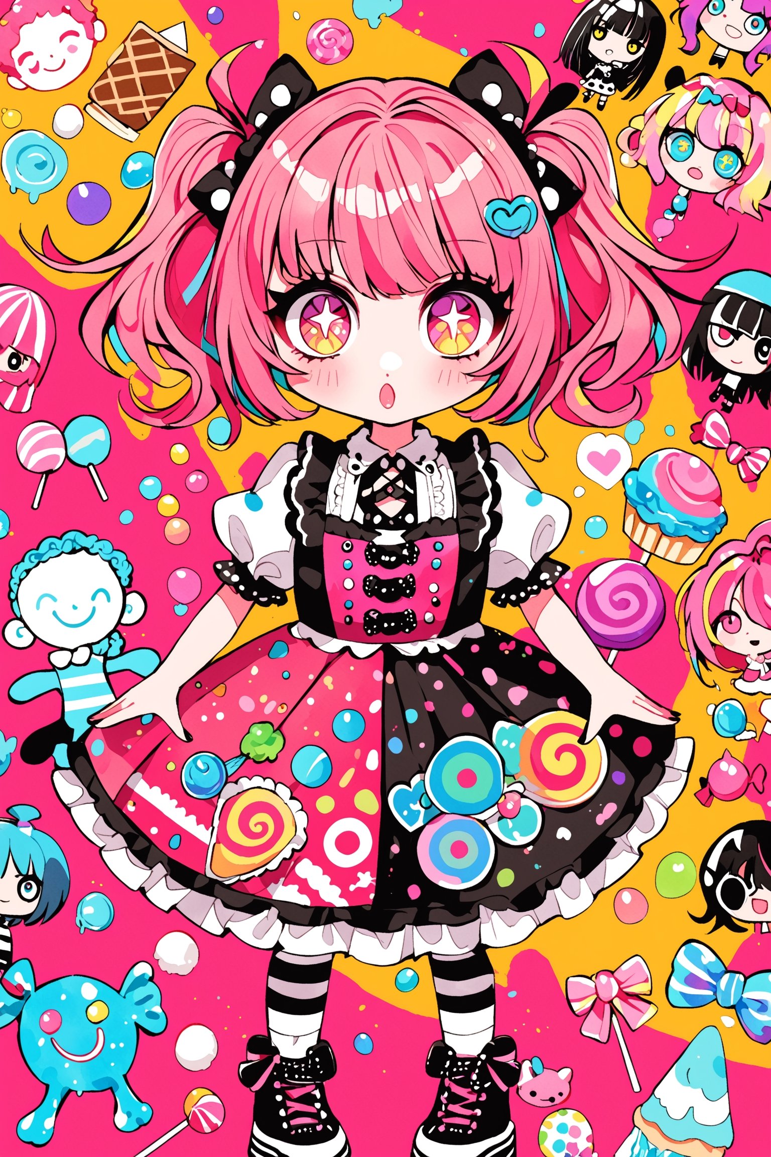 children's doodle style,
Colorful pop art, candy pop, lollipop punk, brightly colored berry beans, emo pink lolita girl,big Eyes,A dress made of jelly and ice cream,
 maximalism design,emo,dal-6 style,Color Splash,dramaticwatercolor,aihoshinopose