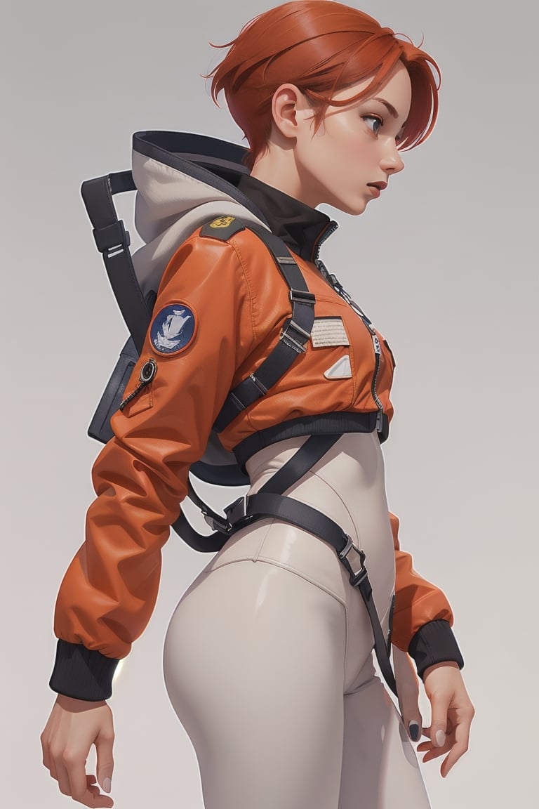 character characteristics, front profile and back, Lady, full body, short orange hair, Girl wearing white tech bodysuit, white sports leggings, tech harnesses, cargo straps, tech wear, jacket, military red pilot, plain background, no background, gradient background,