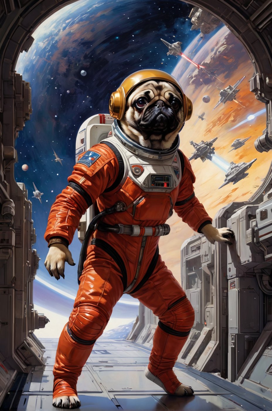 art by Masamune Shirow, art by J.C. Leyendecker, art by boris vallejo, a masterpiece, stunning beauty, hyper-realistic oil painting, vibrant colors, ((( pug wearing a space suit ))), action stance, wearing Togruta battle outfits, action stance, in a corridor on the Death Star, open to the stars, galaxy, Star Wars starship destroyer background, 