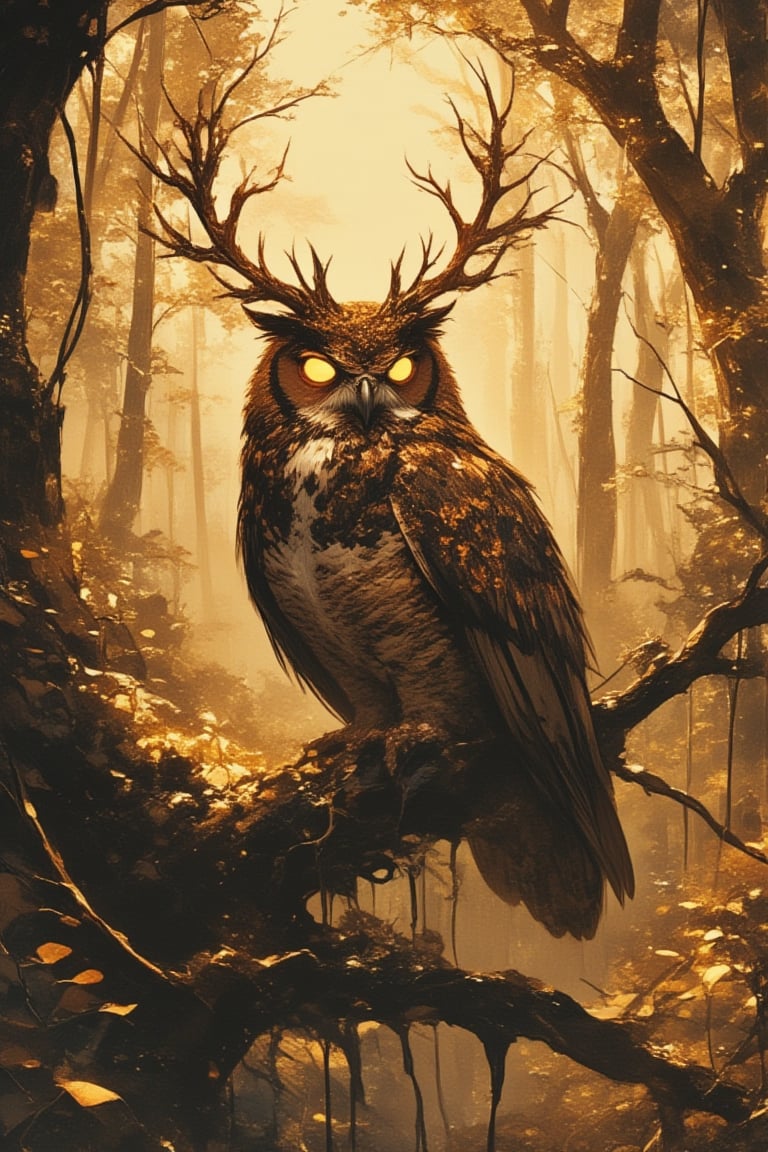 fairy tale illustrations,Simple minimum art, 
myths of another world,
pagan style graffiti art, aesthetic, sepia,Imagine a majestic Eurasian eagle-owl with mystical antlers perched gracefully in a divine forest. Sunlight filters through the canopy, casting dappled light on its feathers, which shimmer with an otherworldly glow. The owl's piercing eyes reflect,and its antlers, adorned with delicate vines and leaves, enhance its ethereal presence. The serene and sacred atmosphere,
watercolor \(medium\),jewel pet,Deformed,furry girl,dal,NeemoFairy,animaport