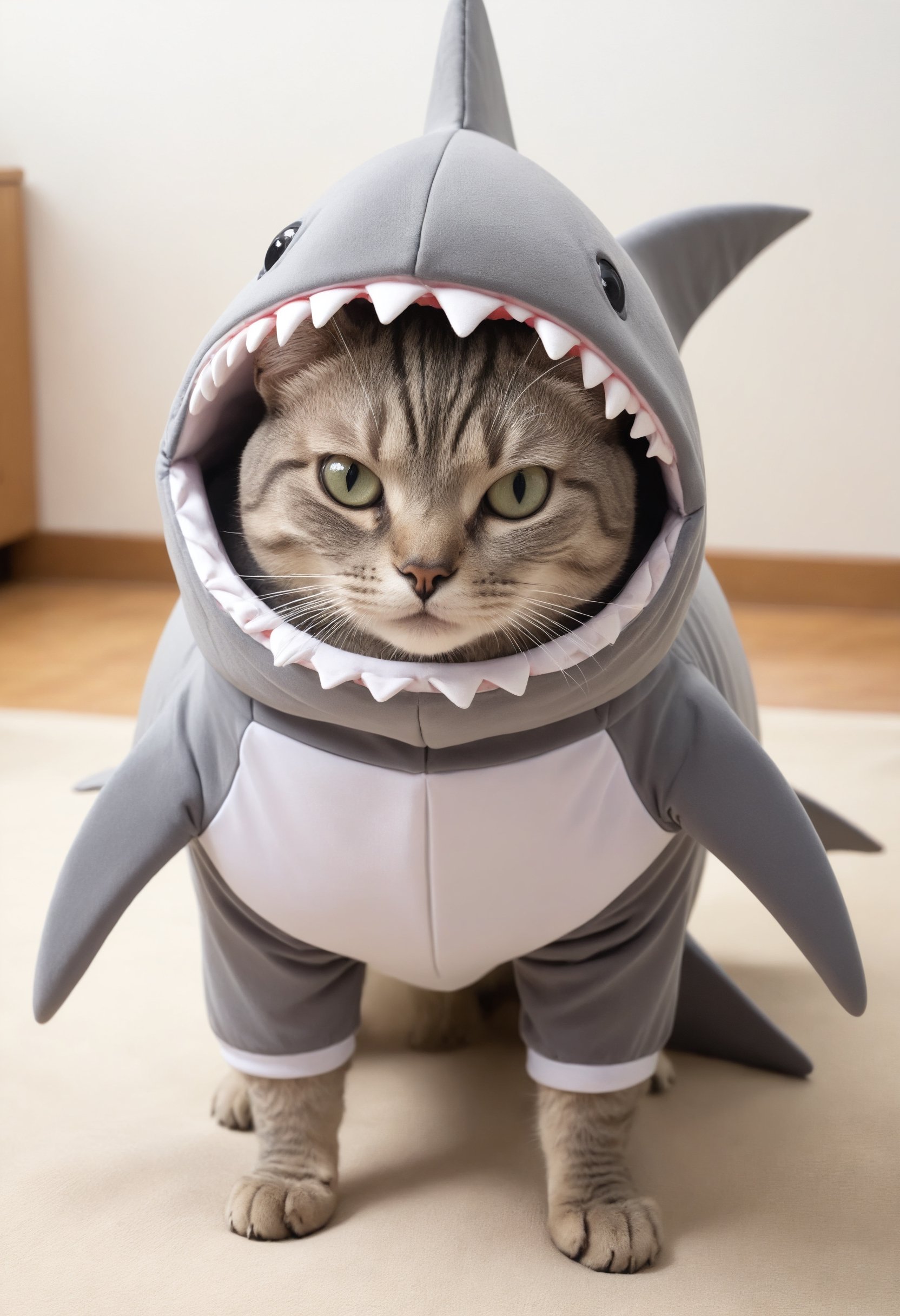 closeup photo of a cat in a cute shark costume