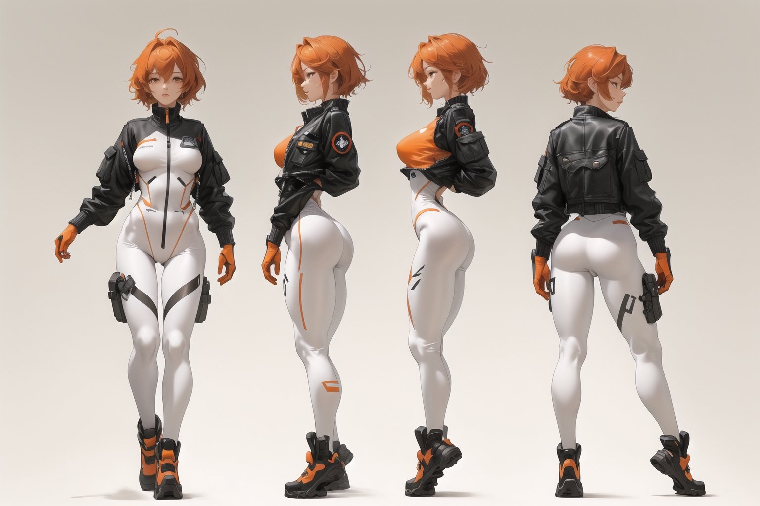 character characteristics, front profile and back, Lady, full body, short orange hair, Girl wearing white tech bodysuit, white sports leggings, tech harnesses, cargo straps, tech wear, jacket, military red pilot, plain background, no background, gradient background, 
