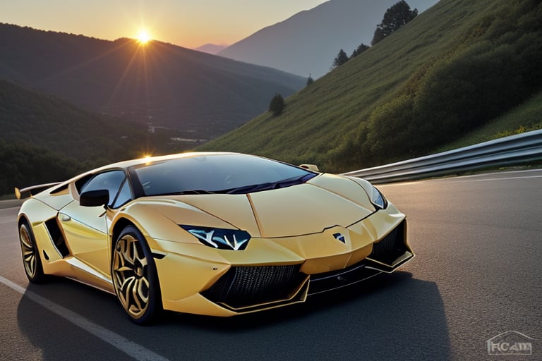 a yellow lamborghini racing along a mountain road, shot from below, you can see the wheel rims in which the landscape is reflected. Golden hour. Realistic style. KodaK film, Nikon camera, 30mm lens golden light, you can see the lens flares of the setting sun