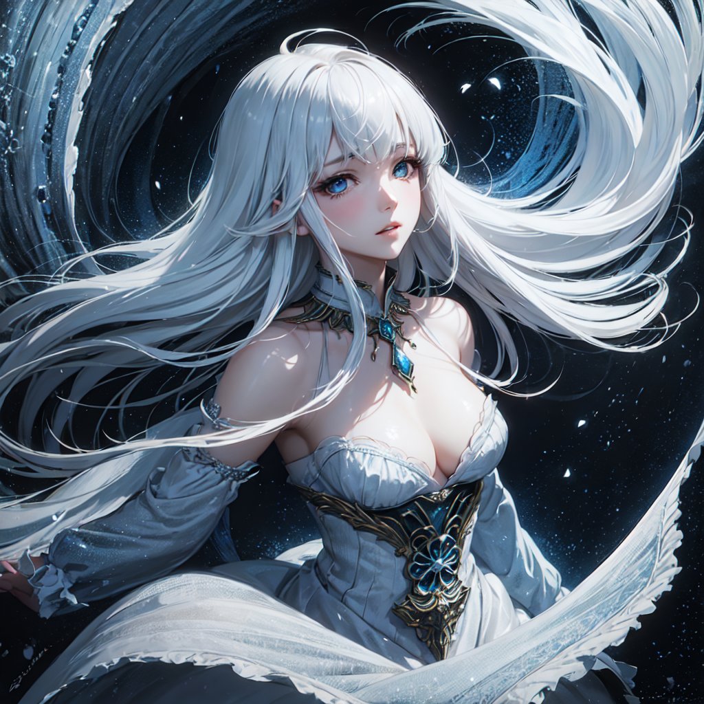 (abstract art:1.4), (style of yuko shimizu:1.2), (style of rebecca guay:0.6), (moonlight, soft light, soft glow:0.8), 1girl, white hair, flying hair, blue eyes, perfect skin, perfect face, (jewelry:1.1), gothic dress, hair ornament, night, dark theme, somber atmosphere
