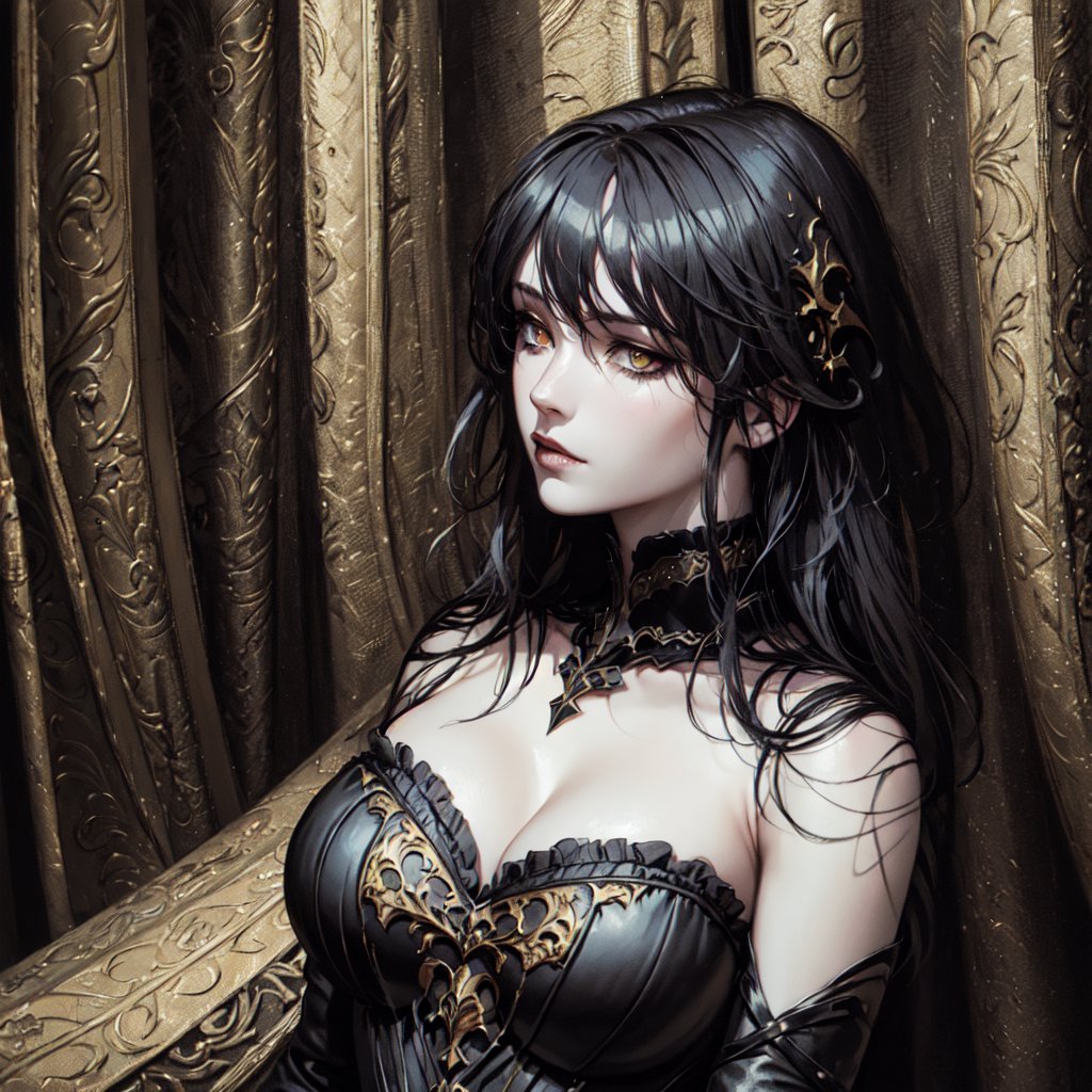 (style of rebecca guay:1.4), (abstract art:1.2), (impressionism:0.4), dark art, (dark theme:1.15), gothic horror, somber atmosphere, 1girl, (black armor:1.1), black hair, pale skin, golden eyes, necromancer aesthetic, dark fantasy, best quality, beautiful, masterpiece, extremely detailed
