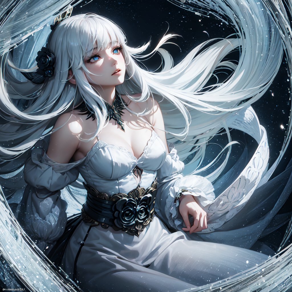 (abstract art:1.4), (style of yuko shimizu:1.2), (style of rebecca guay:0.6), (moonlight, soft light, soft glow:0.8), 1girl, white hair, flying hair, blue eyes, perfect skin, perfect face, (jewelry:1.1), gothic dress, hair ornament, night, dark theme, somber atmosphere
